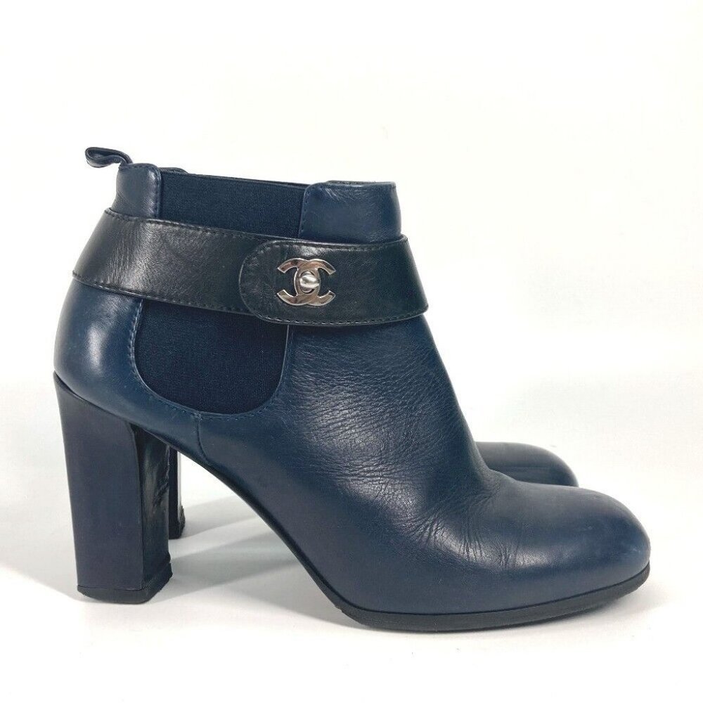 CHANEL short boots shoes heels CC CC Mark turn lock boots Leather Navy - Picture 8 of 16